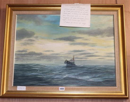 Roderick Lovesey, oil on canvas, Fishing boat at sea, 44 x 60cm, with a letter from the artist; John Shapland,